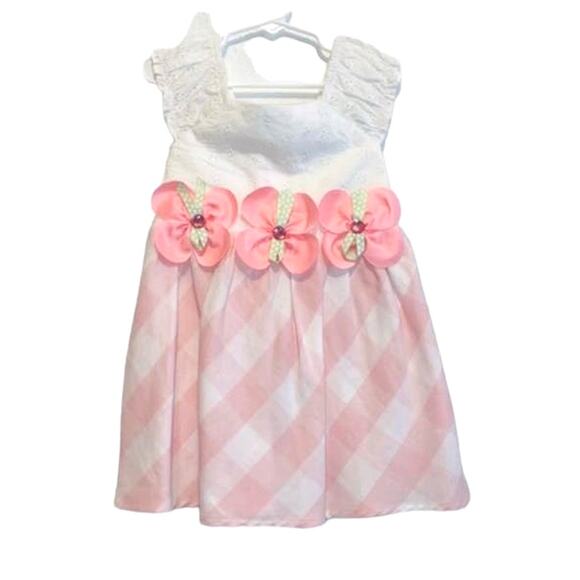 Rare Editions Other - Rare Editions Girls 12M Pink and White Gingham Flower Embroidery Summer Dress